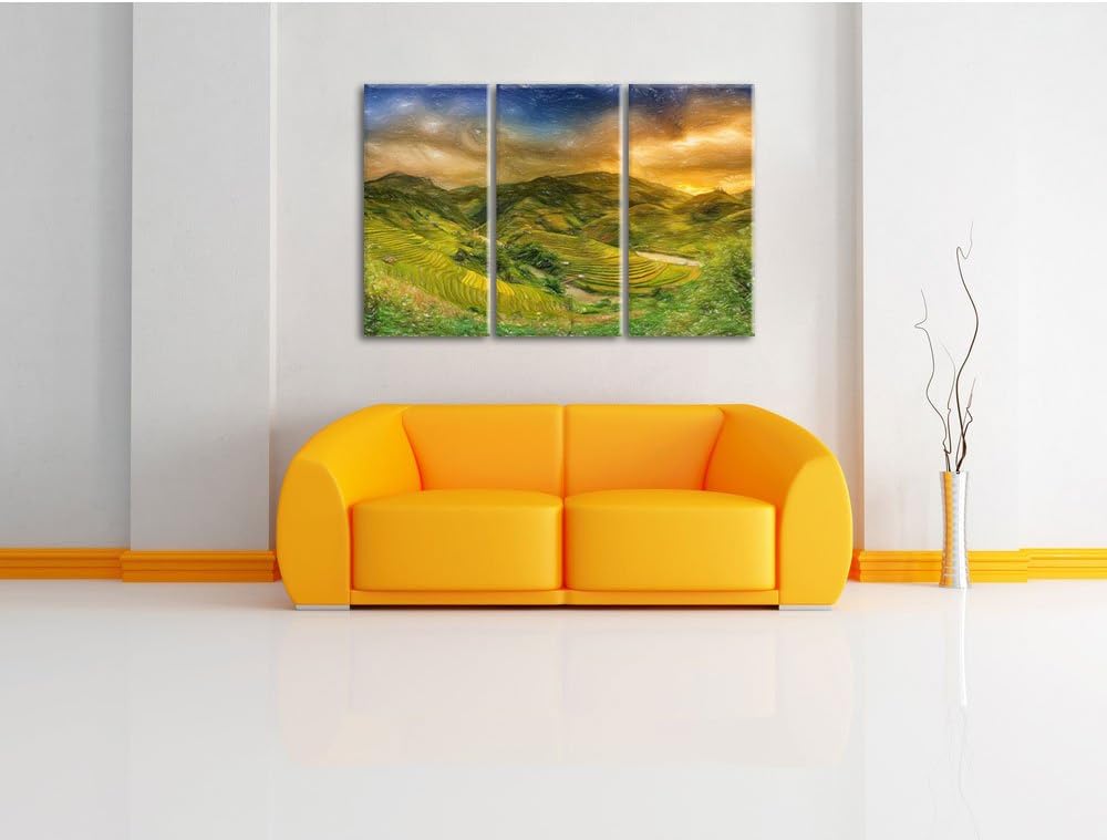 Pixxprint eine Berg Farm in Asien Kunst Buntstift Effekt als Leinwandbild 3 teilig/Grösse: 3 Teilig