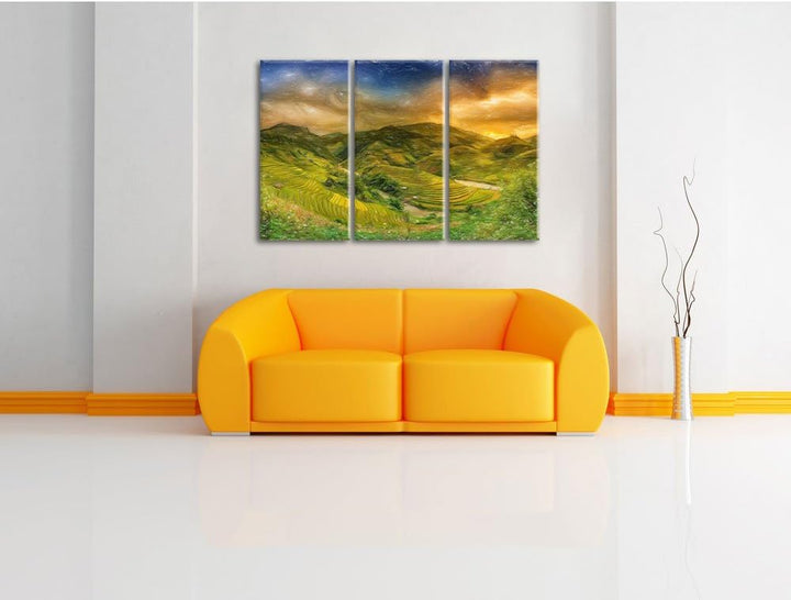 Pixxprint eine Berg Farm in Asien Kunst Buntstift Effekt als Leinwandbild 3 teilig/Grösse: 3 Teilig