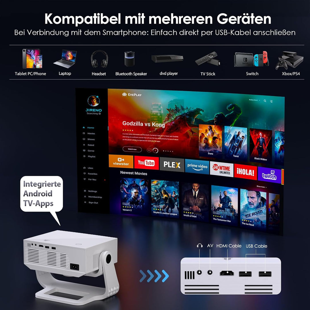 Wielio Smart Beamer, Heimkino Beamer mit integrierter App, 4K Unterstützung, WLAN&amp;BT, 120° verstellb