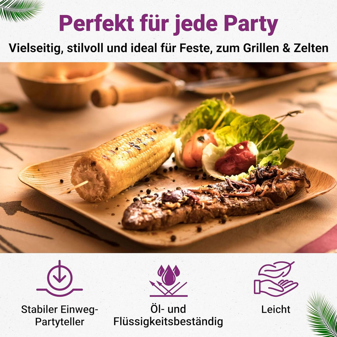 Waipur Bio Palmblatt Geschirr - 200 Teller eckig 23x23 cm - Premium Einweg Geschirr kompostierbar -