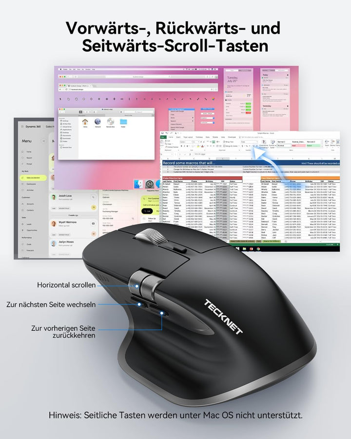 TECKNET Bluetooth kabellose Maus(BT 5.0/5.0+2,4G), Seitliches Mausrad, Superschnelles Scrollen, Wied