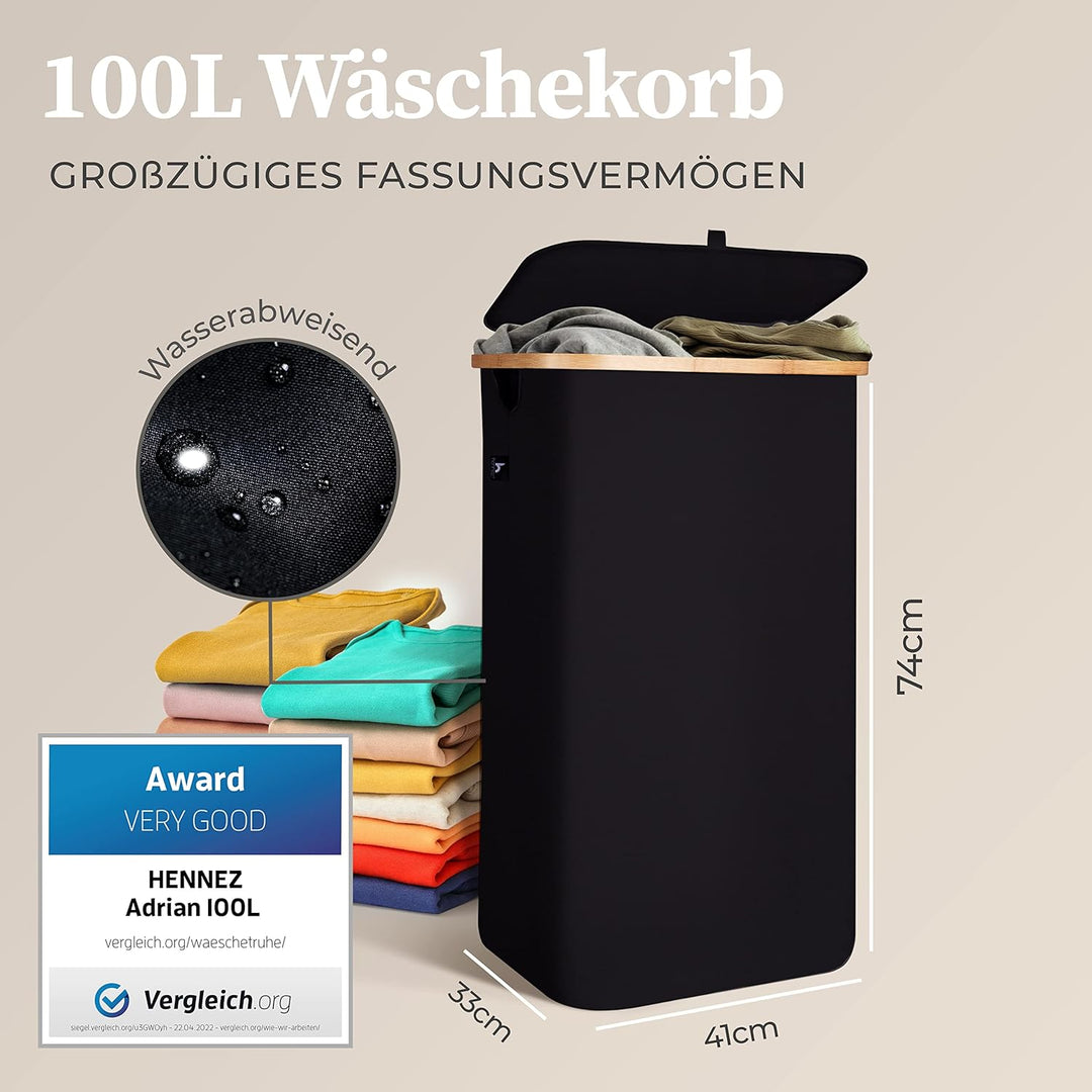 HENNEZ 100L Wäschekorb mit Deckel Schwarz - mit Wäschesack Wäschesammler schmal mit Deckel - Schwarz