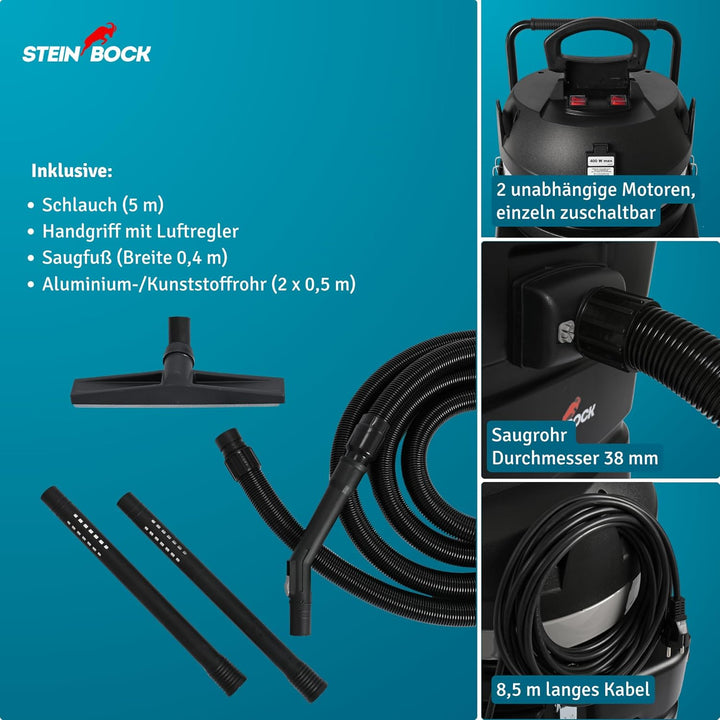 Steinbock Pumpsauger | 2.400 Watt | 90 l Kunststoffbehälter | Nasssauger mit integrierter Tauchpumpe