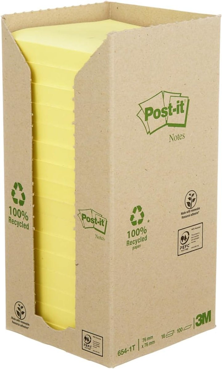 Post-it 654-1T Haftnotiz Recycling Notes Tower, 76 x 76 mm, 80 g, 100 Blatt, 16 Block, gelb 76 x 76