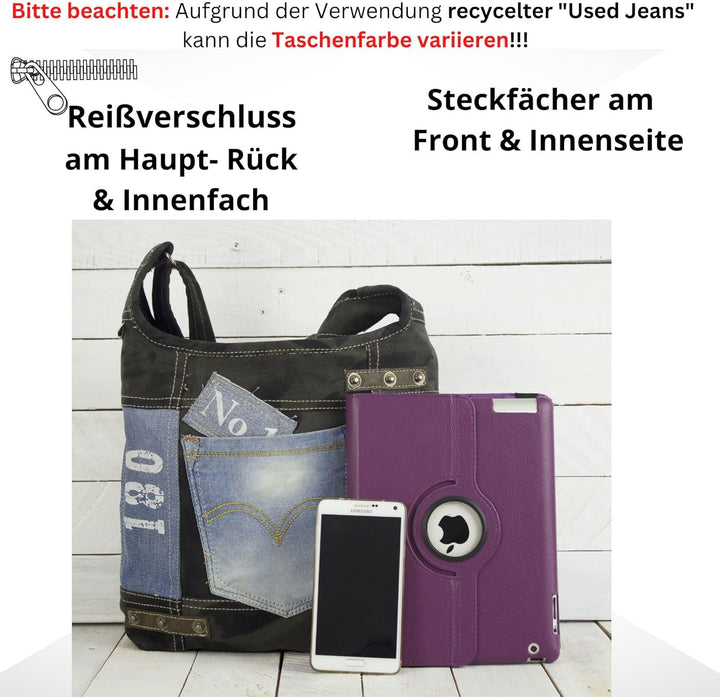 Sunsa Damen Umhängetasche aus Recycelte Jeans Canvas & Leder. Hobo Tasche schwarz/blau