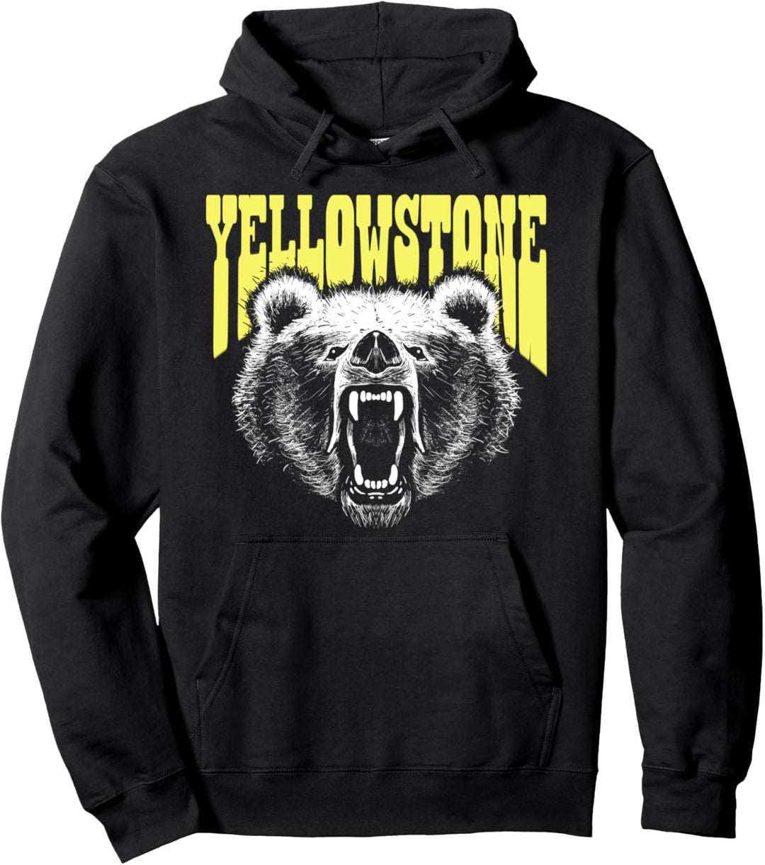 Yellowstone Growling Grizzly Bear Illustration Retro Vintage Pullover Hoodie