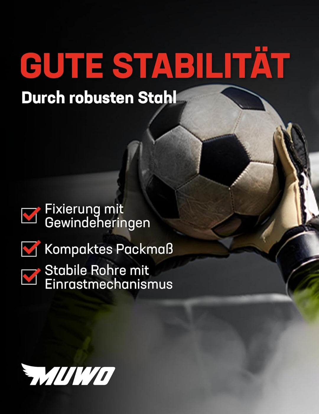 MUWO Fussballtor mit Abnehmbarer Torwand und wetterfestem Stahlgestell. Masse: 217 x 153 cm. Optimal