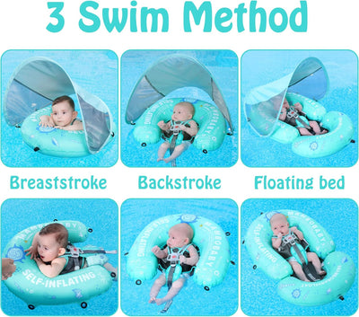 HECCEI Schwimmring Baby mit Sonnendach, Mambobaby Autom Aufblasbare Baby Schwimmhilfe, Kompaktes Fal