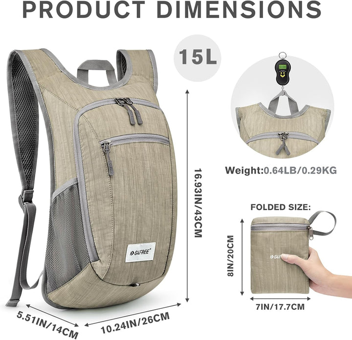 G4Free Kleiner Rucksack, faltbar, 10/15 l, leicht und faltbar, für den Aussenbereich, Reiserucksack,