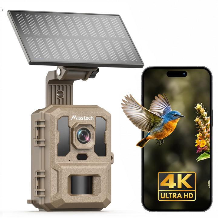 Misstech 4K 64MP UHD Solar Wildkamera mit Handyübertragung App, Klare Nachtsicht, Solar-autark, 0,1s