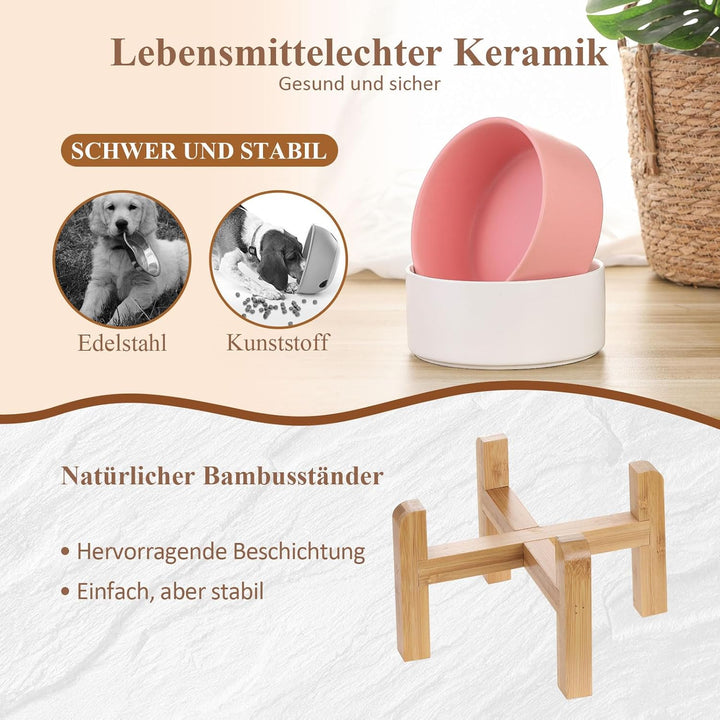 Weiss Keramik Hundenapf Futternapf Fressnapf Napf katzennäpf Hoch für Hund Katzen Bambusgestell Stän