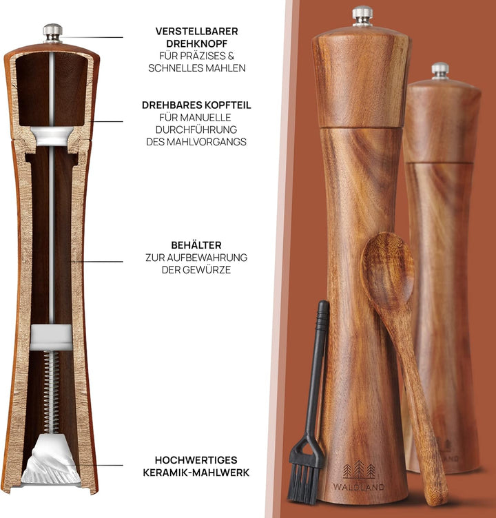 WALDLAND® Salz und Pfeffermühle aus Holz mit Untersetzer sehr Gross (25,5 cm) | Gewürzmühlen mit hoc