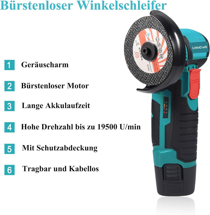 Mini Akku Winkelschleifer 12V, 76mm (3 Zoll) Bürstenloser Trennschleifer mit 2x 1500mAh Akku & 8 Sch