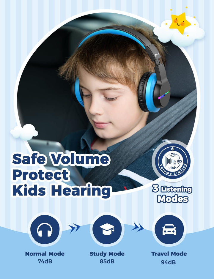 iClever Bluetooth Kinder Kopfhörer, Farbige LED-Leuchten, Kinderkopfhörer Over-Ear mit 74/85/94dB La