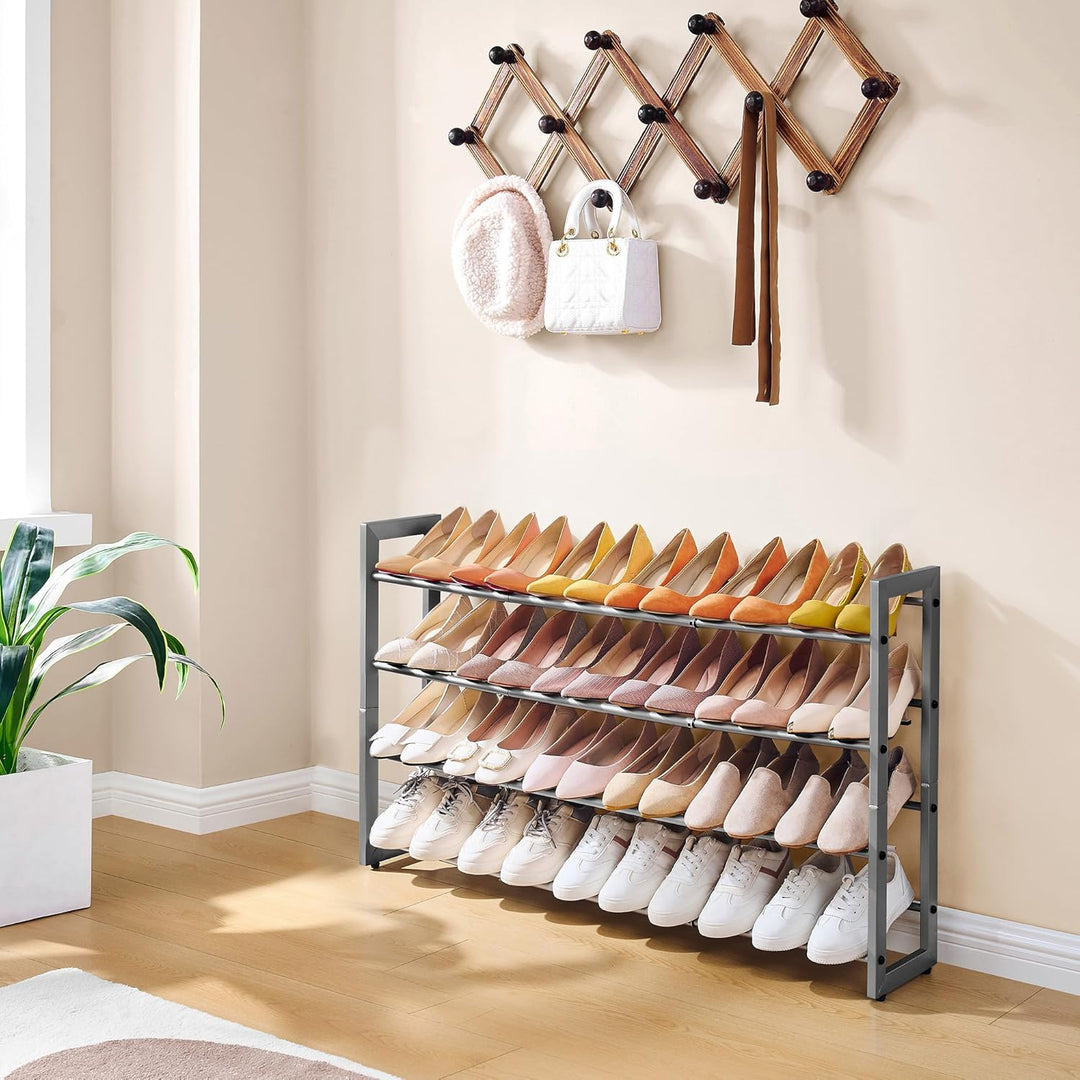 FAVOOSTY 4 Ebenen Schuhregal Metall Ausziehbar Grau, Verstellbar Platzsparend, Robustes Schuhständer