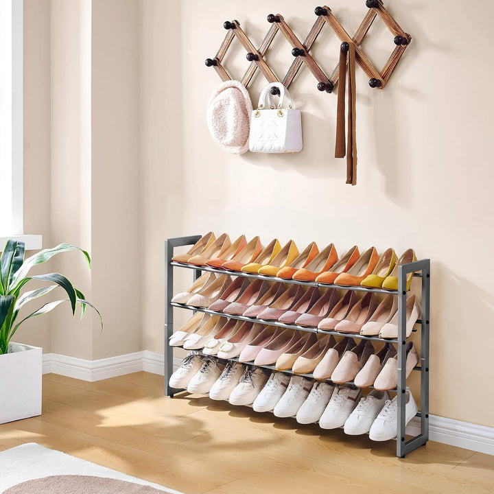 FAVOOSTY 4 Ebenen Schuhregal Metall Ausziehbar Grau, Verstellbar Platzsparend, Robustes Schuhständer