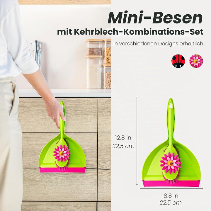 VIGAR Flower Power Kehrgarnitur mit Buntem Handfeger und Kehrblech, ABS, Polypropylen, rosa/grün, 35