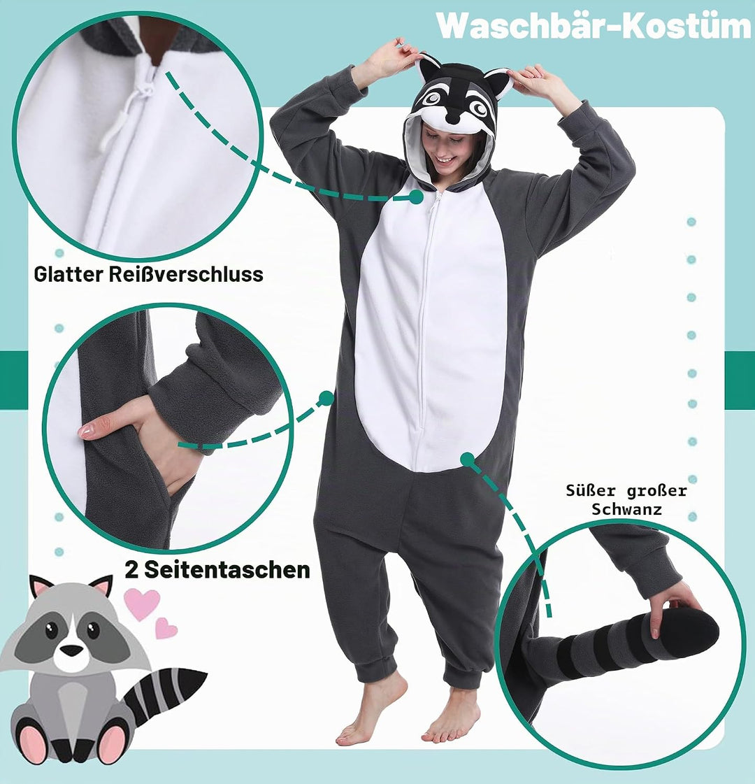 dressfan Unisex Waschbär Kostüm Tier Raccoon Onesie Pyjama Schlafanzug Jumpsuits Halloween Karneval