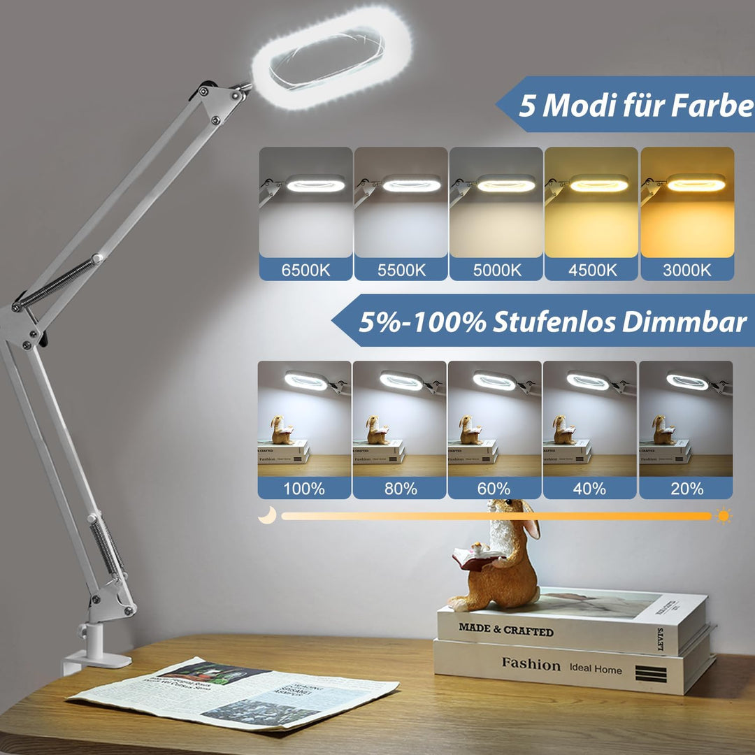 Veemagni 10X Echtes Glas Rechteckige Lupe mit Licht und Klemme, 5 Farbmodi Stufenlos Dimmen, 2 * 16