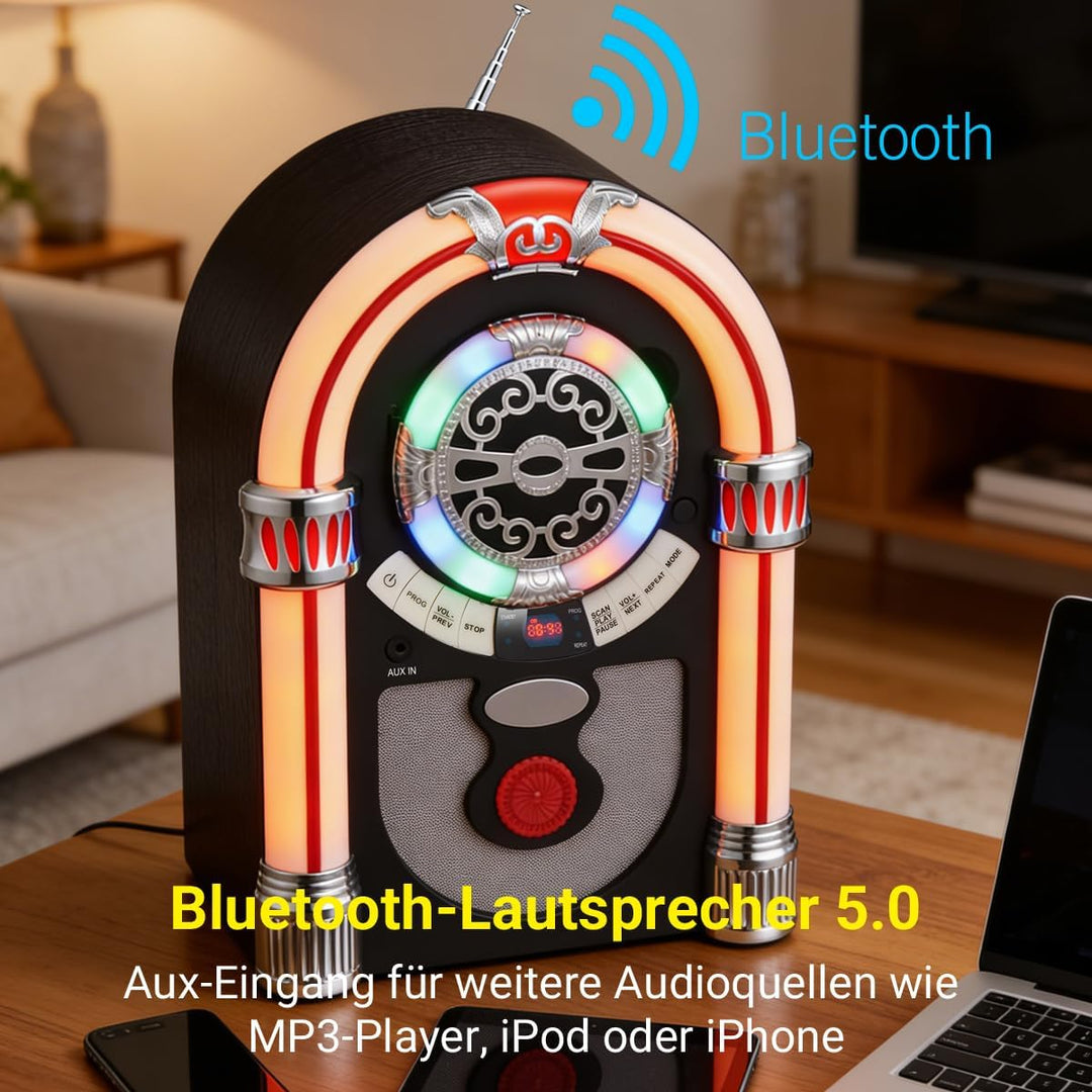 Retro Jukebox Musikbox mit CD-Spieler, Musikanlage Nostalgie Design, Bluetooth, Vintage FM/UKW Radio
