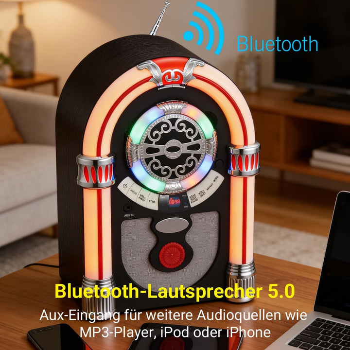 Retro Jukebox Musikbox mit CD-Spieler, Musikanlage Nostalgie Design, Bluetooth, Vintage FM/UKW Radio