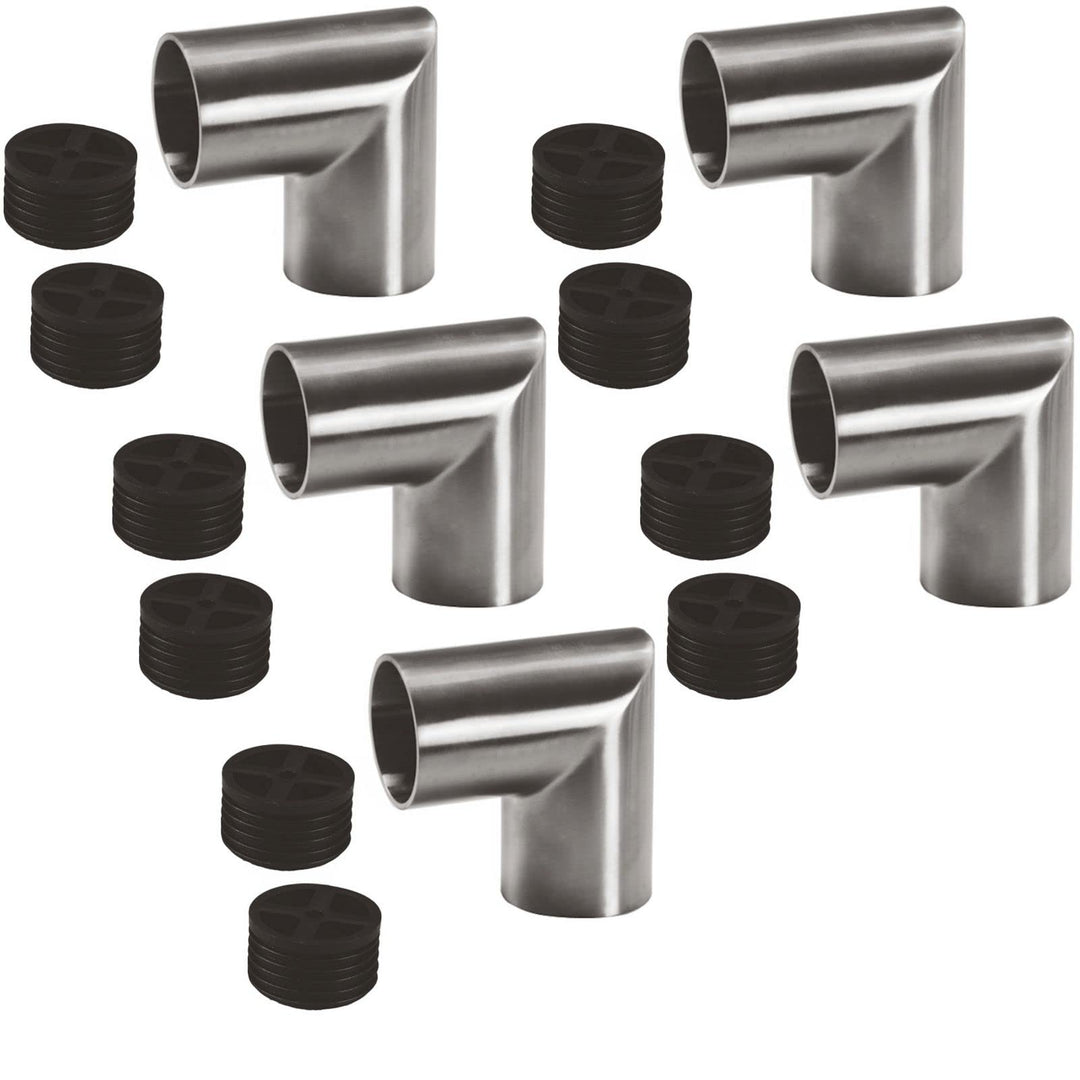 5 x Edelstahl Rundbogen 90° eckig inkl. 2 Adapter für Holzhandlauf Ø 42 mm, Eckverbinder 90°