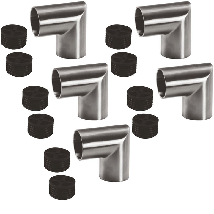 5 x Edelstahl Rundbogen 90° eckig inkl. 2 Adapter für Holzhandlauf Ø 42 mm, Eckverbinder 90°