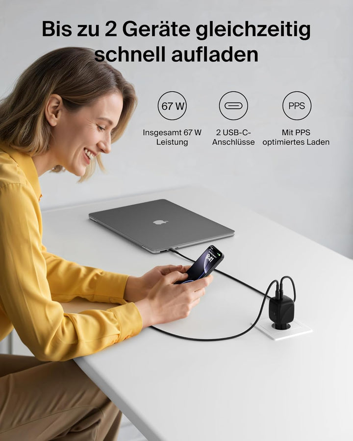 Belkin SmartProtect 2-Port USB C Ladegerät, 67W, GaN-Ladegerät, 2X USB-C, Schnellladen für Geräte wi