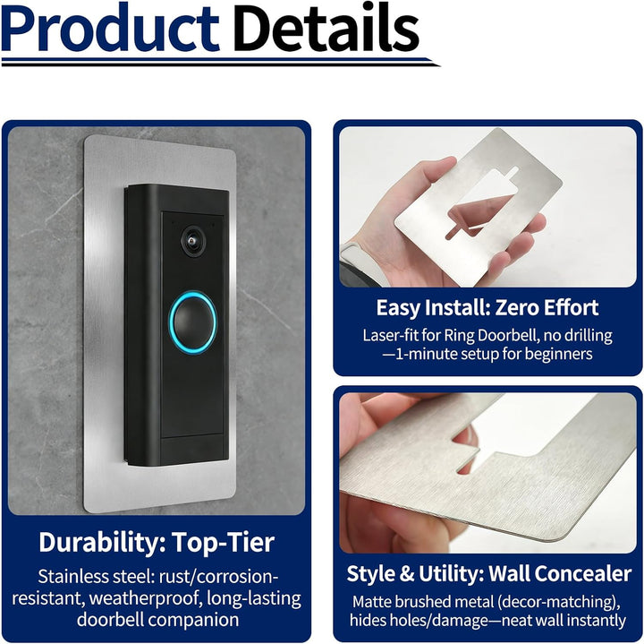 Blende Edelstahl für Ring Doorbell Wired - Wandplatte für Ring Video Türklingel Wired, Halterung Zub