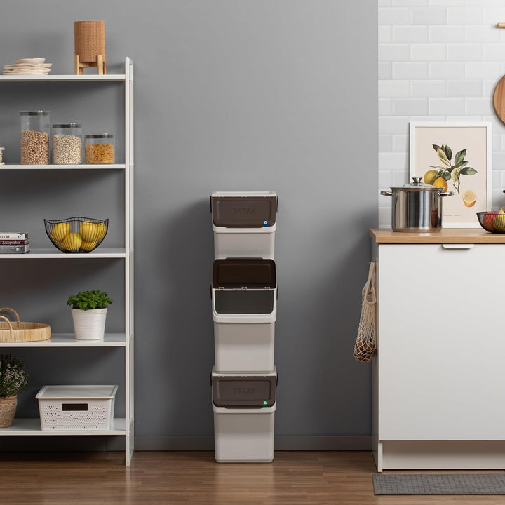 TATAY Mülltrennsystem Easy Waste 20L | 3er Set Recycling Behälter | Modular und Stapelbar | Deckel m