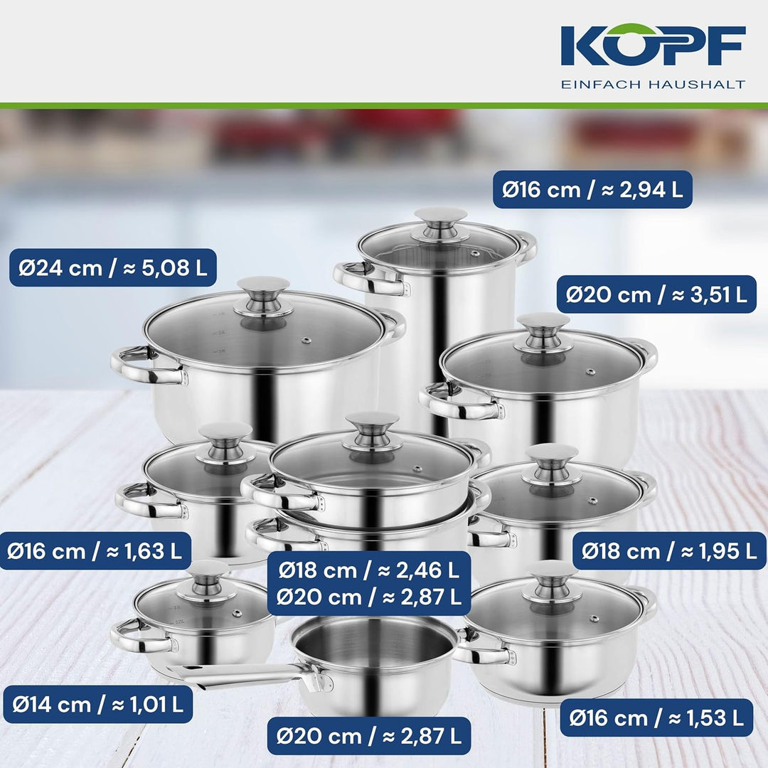 Kopf Topfset Janina 19-teilig aus Edelstahl, Induktion-Kochtopf-Set, 7X Töpfe, 1x Spargelotpf, 1x St