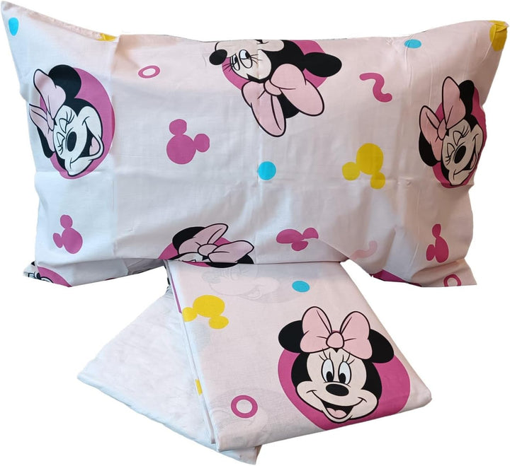 Minnie Maus, Bettlaken für Einzelbett, Spannbettlaken, Kissenbezug, Rosa, Disney, 100% Baumwolle, of