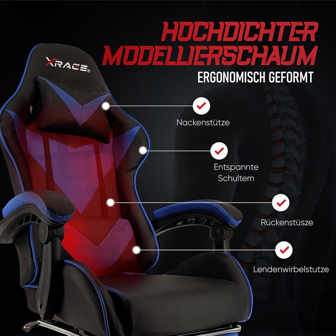 xRace Gaming-Stuhl Hoher Drehstuhl aus Leder mit Lendenwirbelstütze, Kopfstütze und Fussstütze, vers
