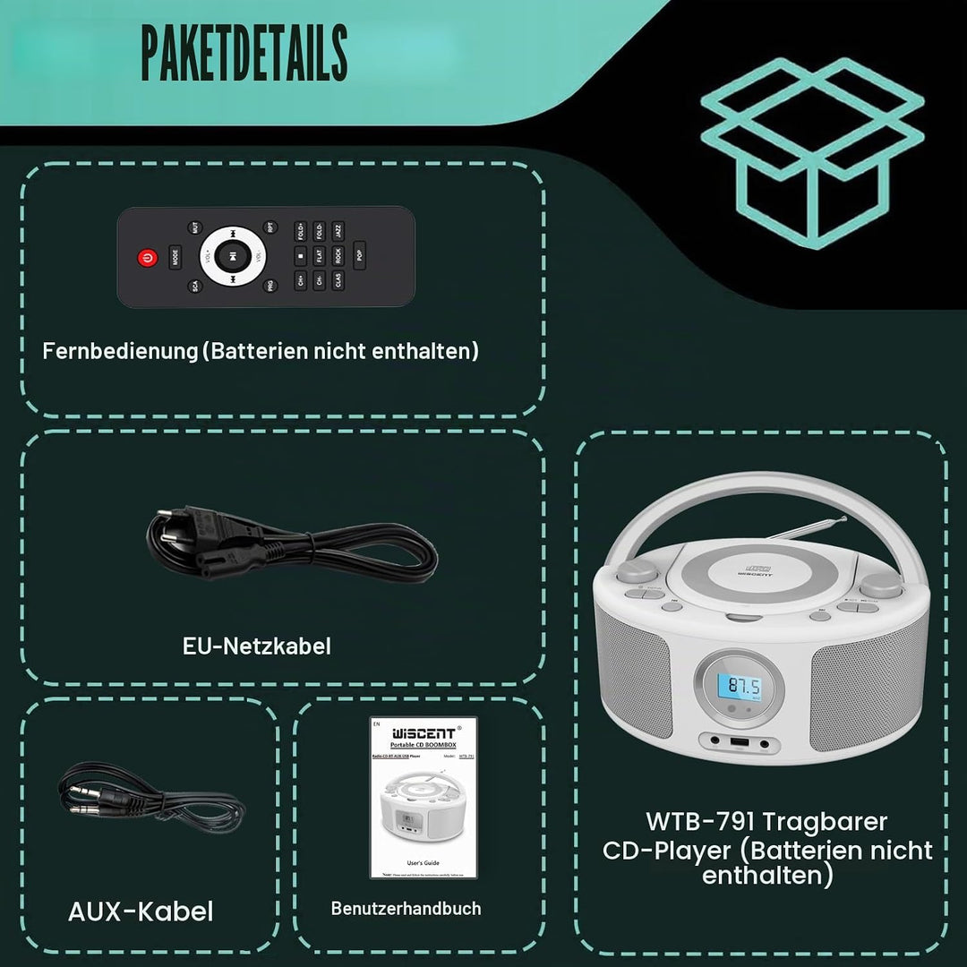 WISCENT Tragbares CD Radio (CD-Player, Boomboxen, UKW Radio, USB, Kopfhöreranschluss, AUX-In),CD Spi