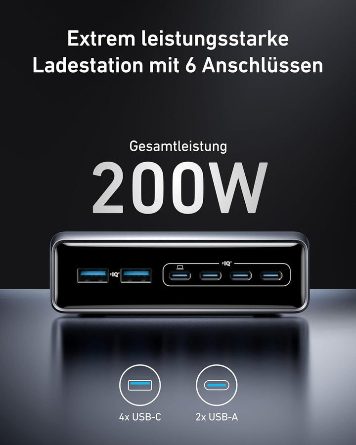 Anker Prime Ladegerät, 200W 6 Anschlüsse GaN Ladestation, USB-C PD Desktop Ladegerät mit Schnell-Lad