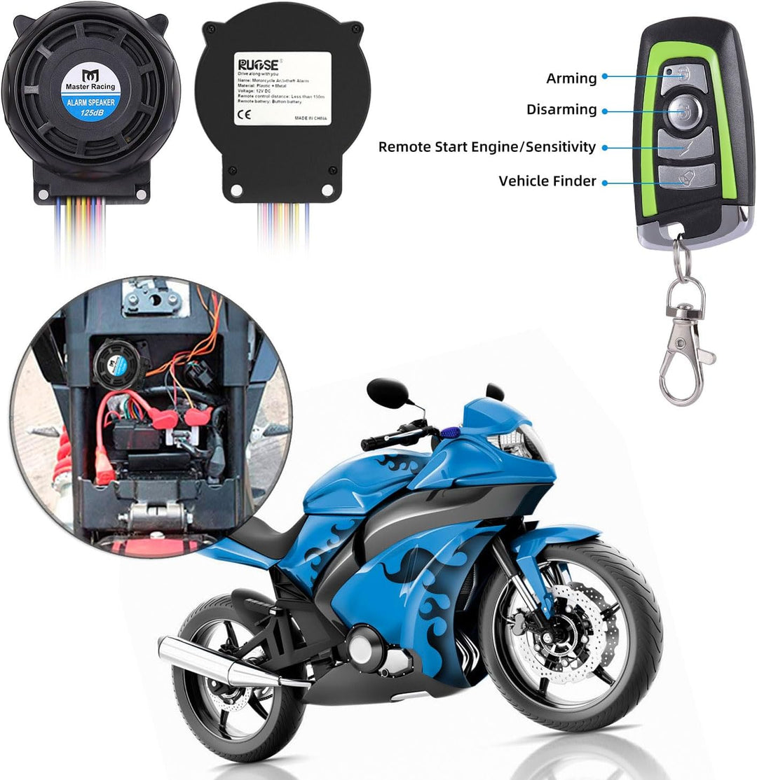 Rupse Motorrad Alarm 125dB, Motorrad Alarmanlage mit Start und Stoppfunktion, 2 Fernbedienung, draht