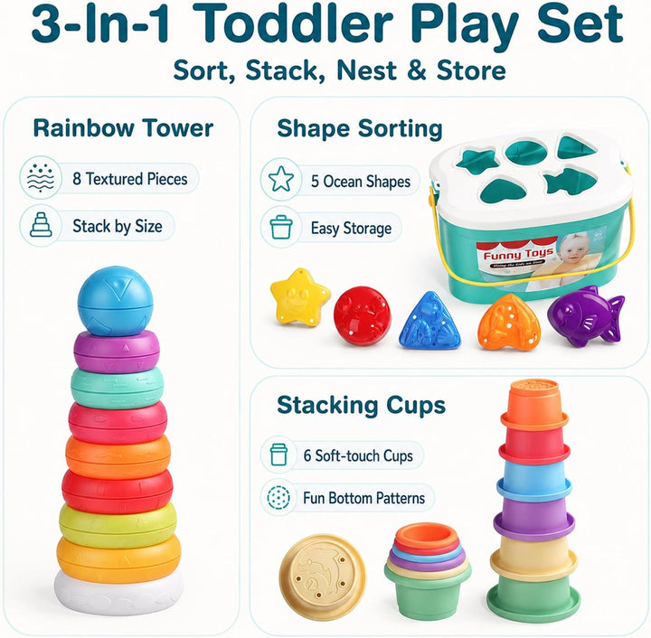 Montessori Stapelturm ab 6 Monate, 3-in-1 Sortier- &amp; Stapelspielzeug | 20 Teile zum Sortieren, Stape
