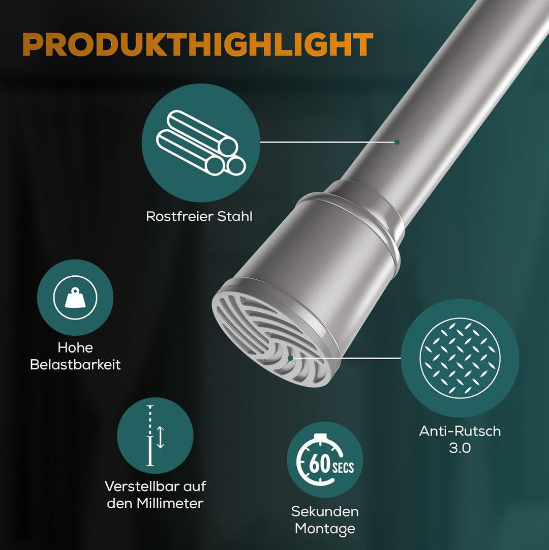 Duschstange zum Klemmen 370-420cm, Grau, Ø 32 mm - Gardinenstange ohne Bohren - Teleskopstange Vorha
