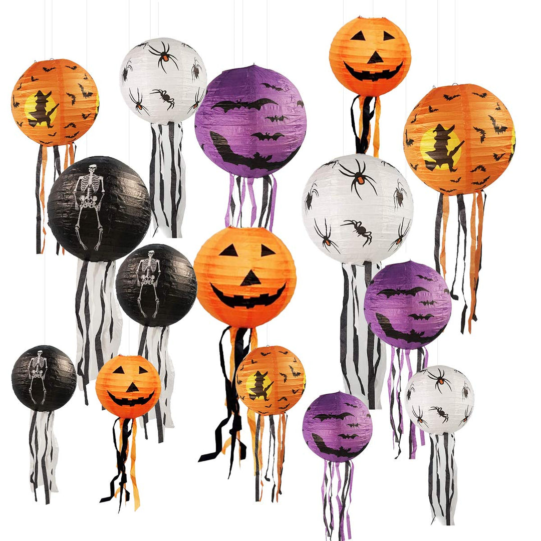 15 Stück Halloween Papier Laternen, 20cm, 25cm, 30cm Kürbis Spinnen Geister Papierlaterne Jack-O-Lat