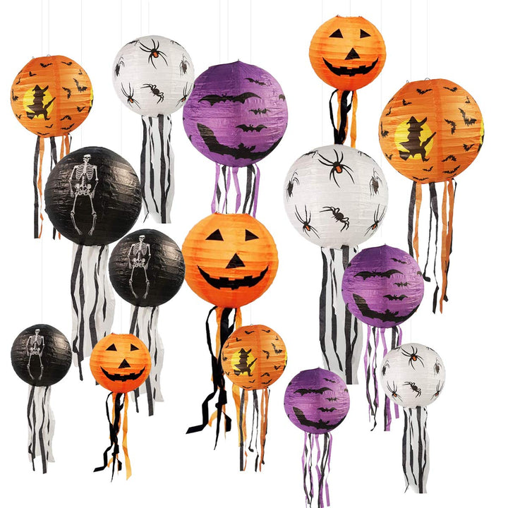15 Stück Halloween Papier Laternen, 20cm, 25cm, 30cm Kürbis Spinnen Geister Papierlaterne Jack-O-Lat