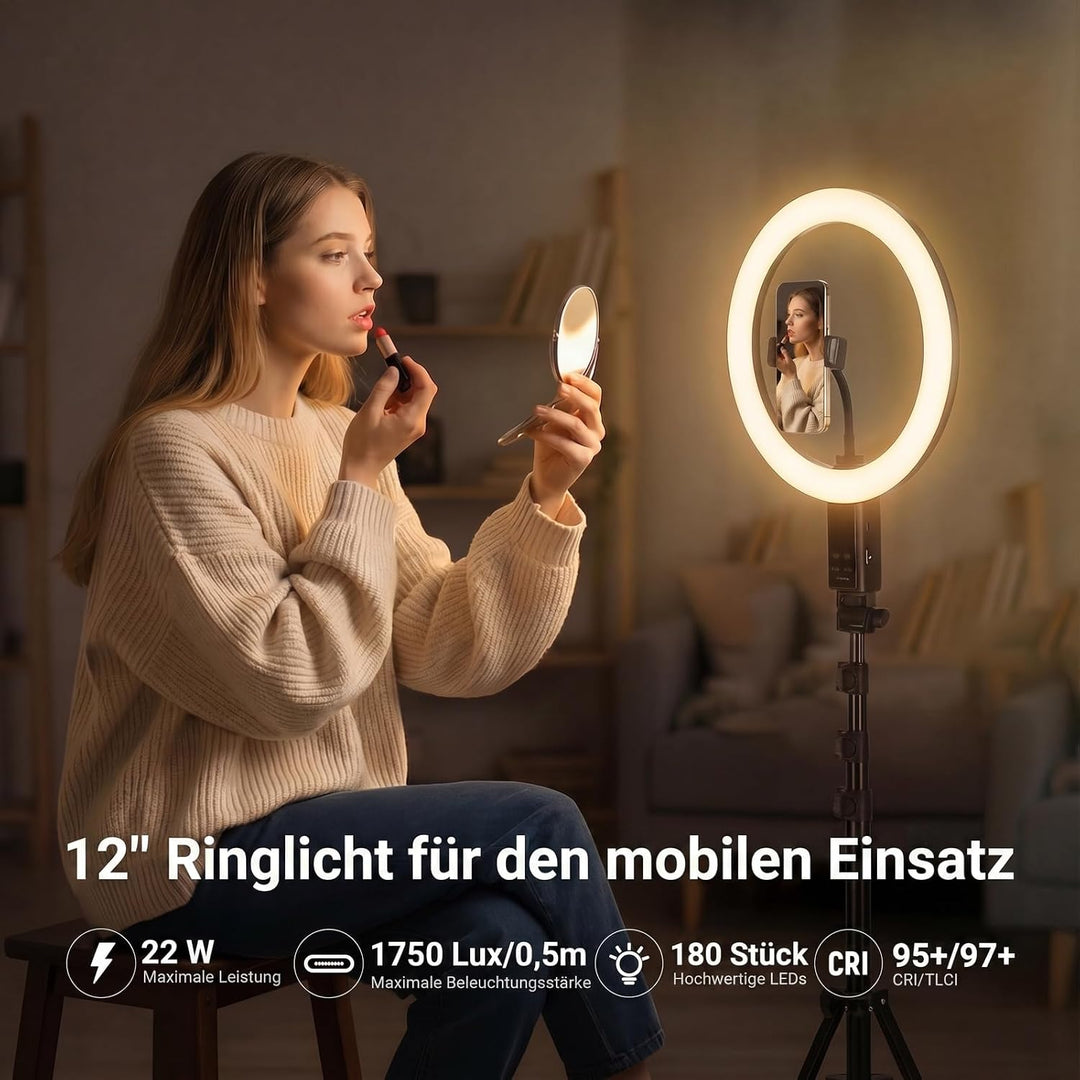 NEEWER 12" Selfie Ringlicht mit App Steuerung/Fernbedienung/Stativ, 3200mAh, zweifarbige LED, CRI 95