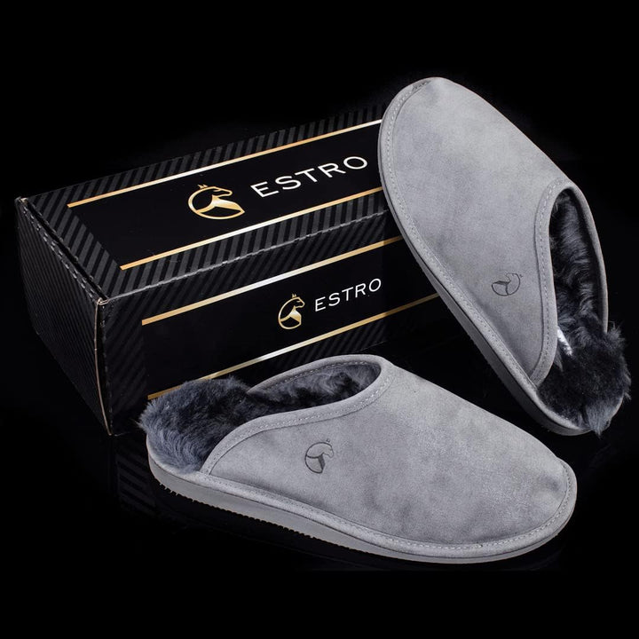 ESTRO Lammfell Hausschuhe Herren Pantoffeln Leder - Warm Lammfellhausschuhe Sheepskin Slippers Warme