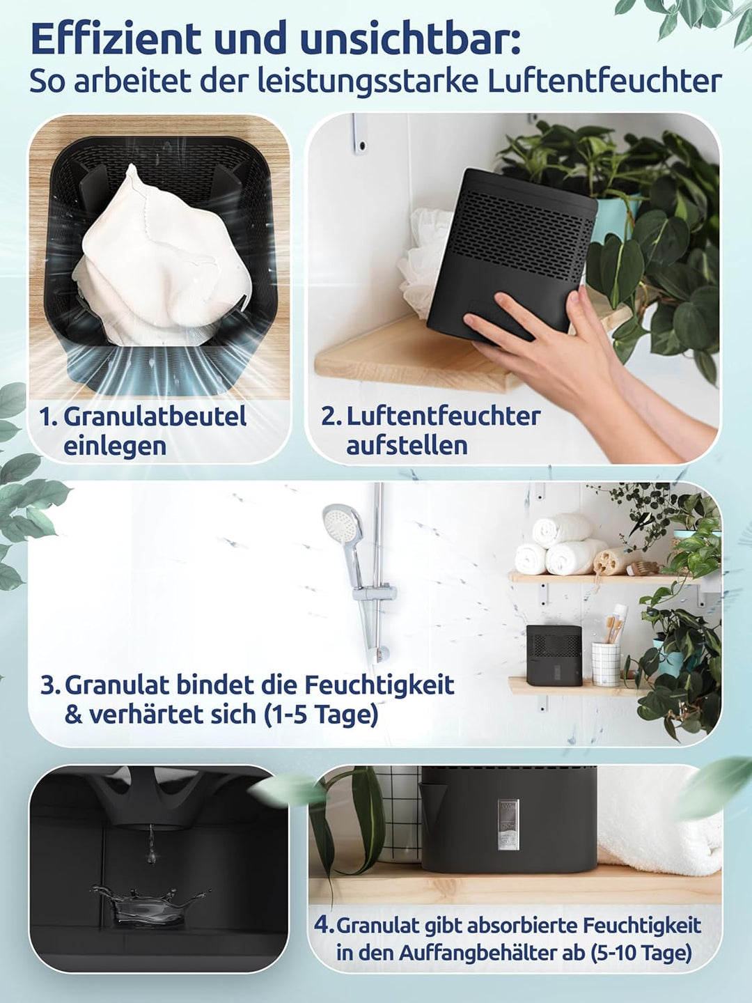 BonAura® AirOne Lite Luftentfeuchter ohne Strom mit 360° Belüftung I Raumentfeuchter mit Ausgiesser