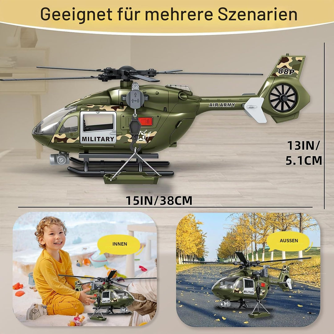 Grünes Militärspielzeug mit grossem Hubschrauber, Armeespielzeug mit Lichtern und Geräuschen, Geburt