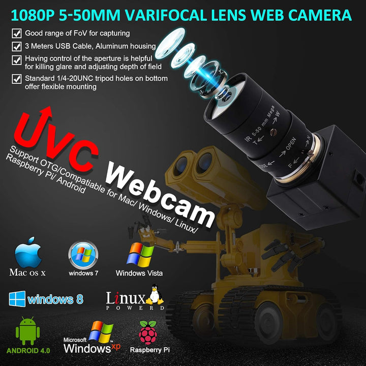 ELP USB Kamera 1080P Low Illumination Webcam 5-50mm Optischer Zoom Objektiv Variabler Fokus IMX323 U