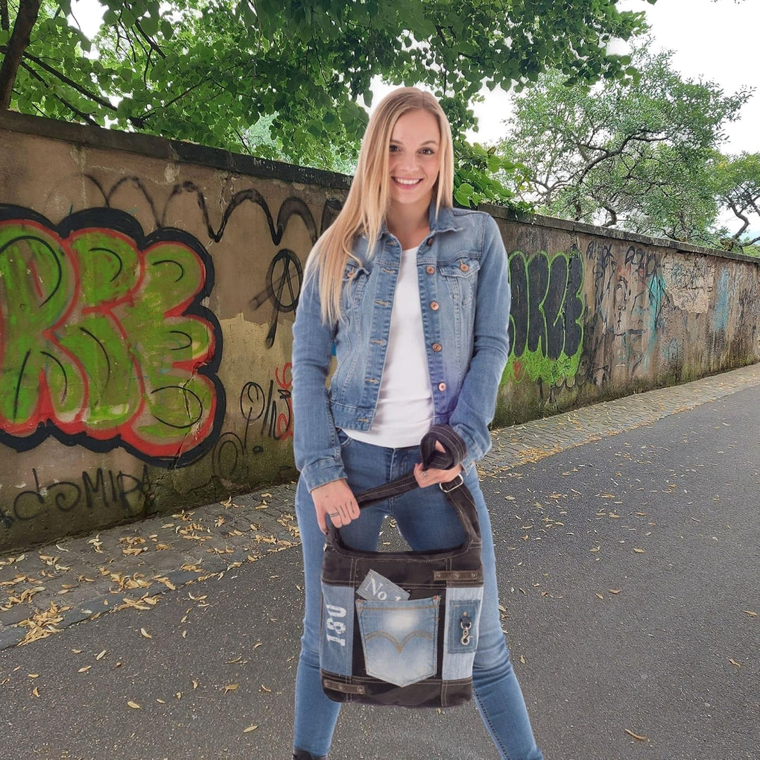 Sunsa Damen Umhängetasche aus Recycelte Jeans Canvas & Leder. Hobo Tasche schwarz/blau