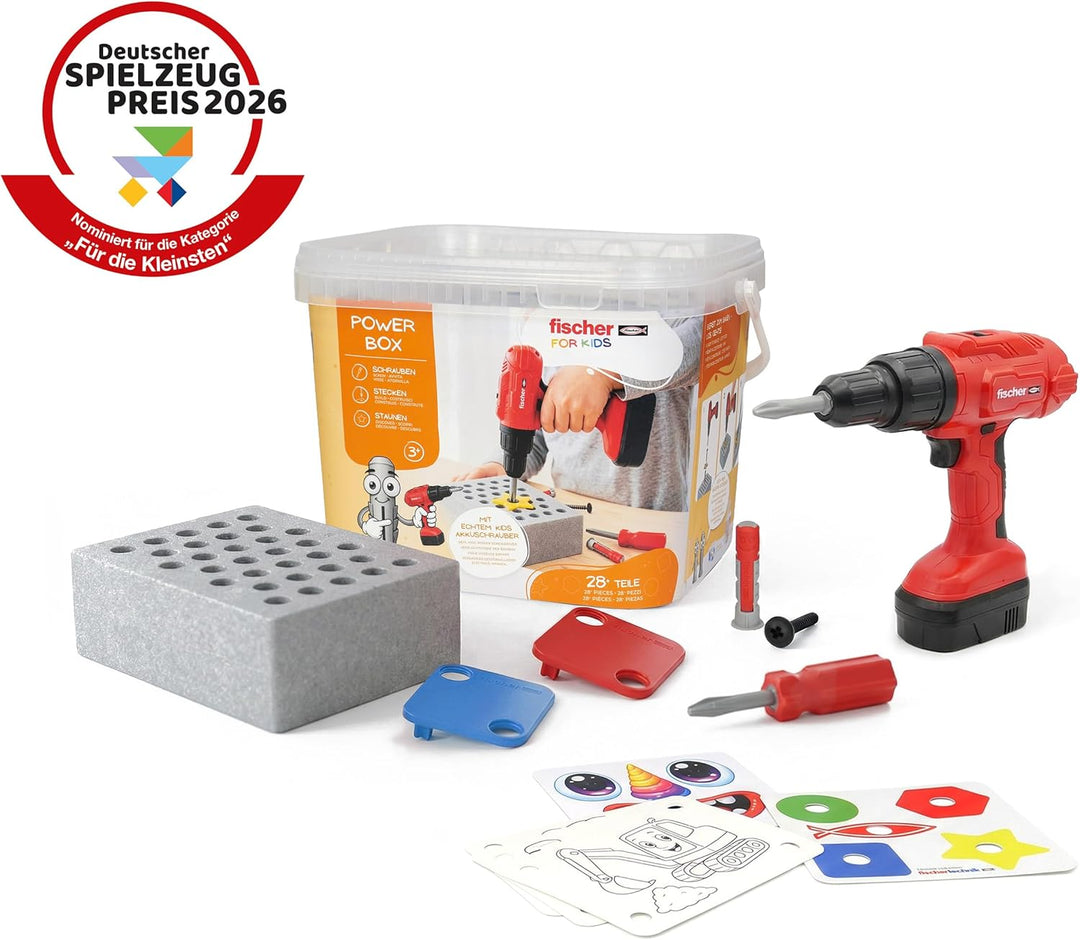 fischertechnik Fischer for Kids Power-Box 579436 – Spielwerkzeug mit Duo Kid Dübeln, Schraubendreher