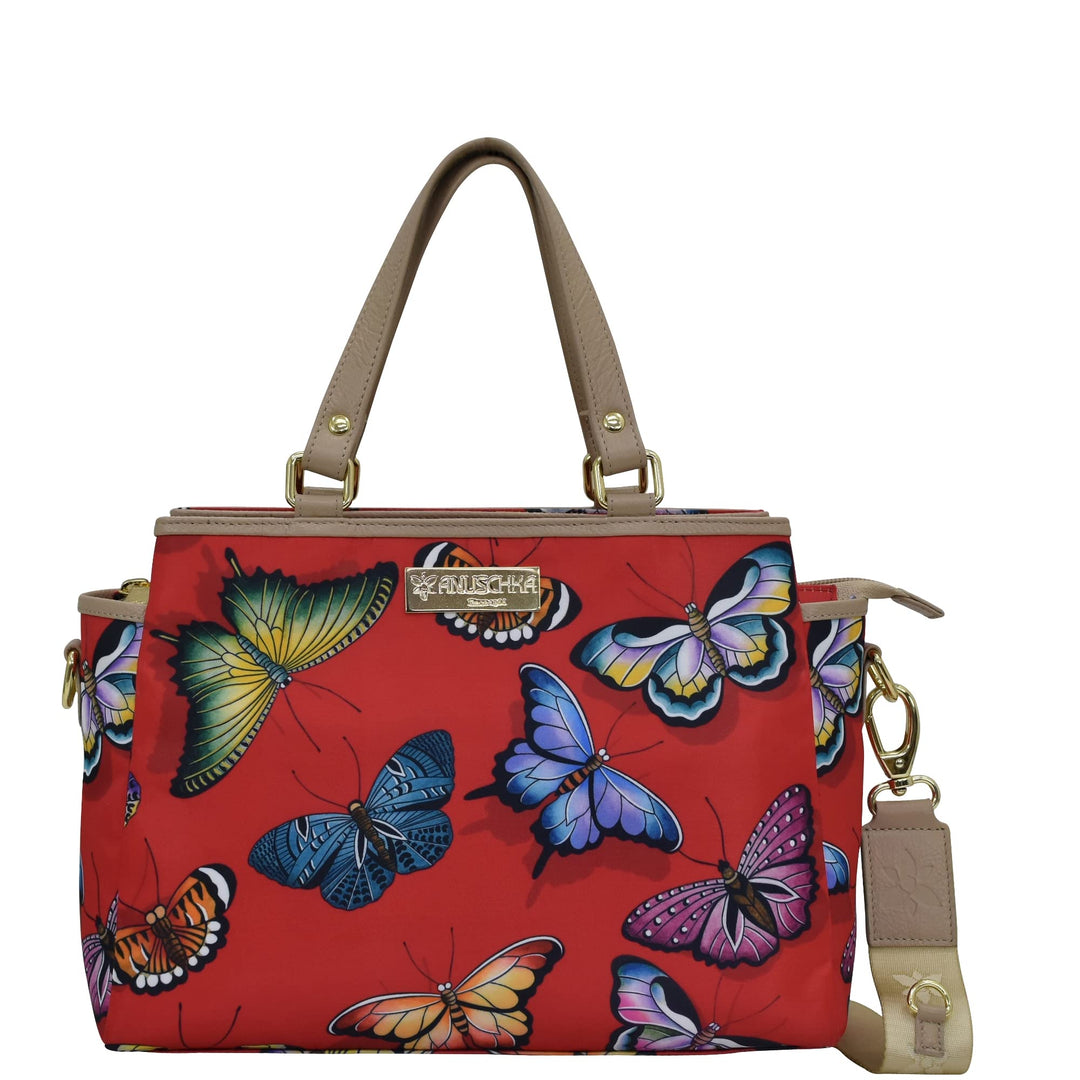 Anuschka Satchel mit Fächern - Wanderlust Kollektion - Nylonstoff mit Leader Trim und Kunstdruck But