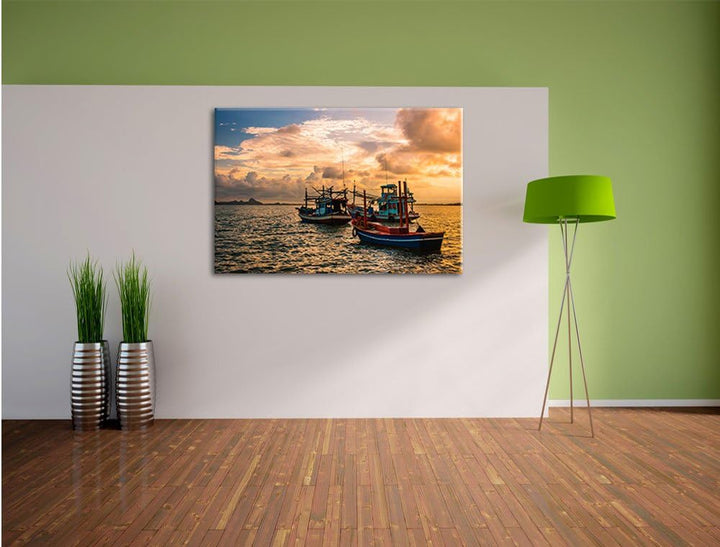 Pixxprint thailändische Fischerboote im Meer als Leinwandbild/Grösse: 100x70 cm/Wandbild/Kunstdruck/