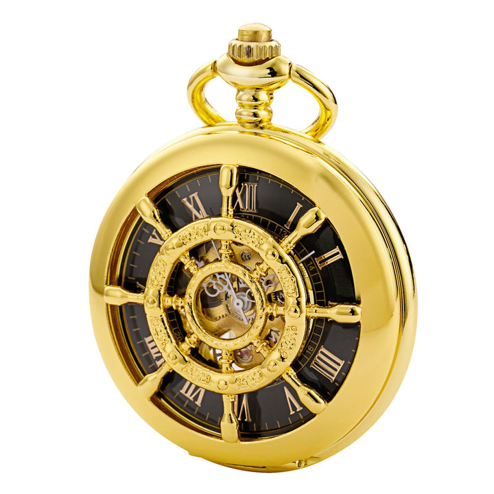 TREEWETO Unisex Taschenuhr mit Kette Analog Handaufzug Doppelscharnier Ruder Skelett Gold